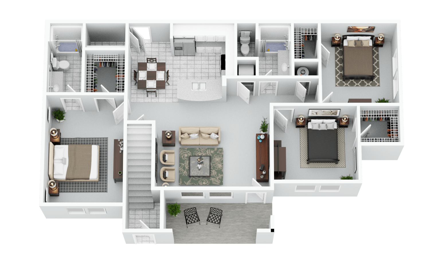 A 3D floor plan of a house with a living room